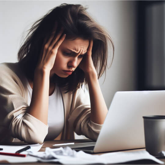 Девушка перед ноутбуком держится за голову